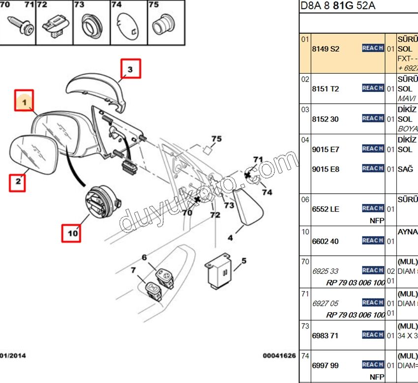 Peugeot 406 Dikiz Aynası Sol Elektirikli ISI+ MAVICAM+ Kapak Astarlı 5PIN 1995/1999