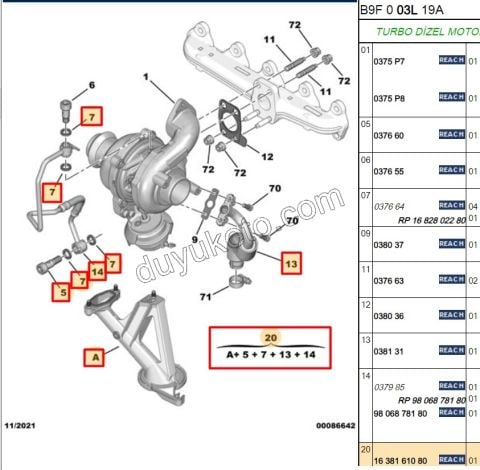 KIT BORU TURBO YAGLA 1.6HDİ Euro5 9806878180+0381.31+0376.60+1018.66+ 1682802280