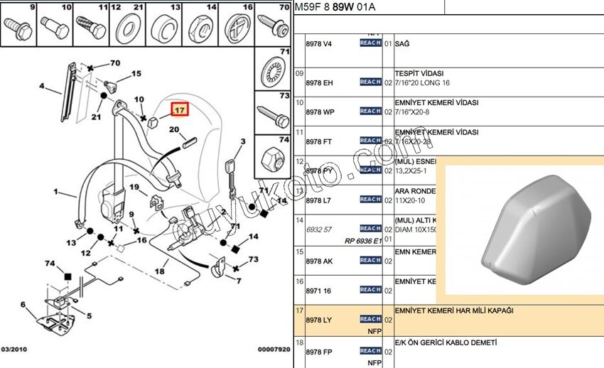 KAPAK EMNIYET KEMER VIDA PRT1 PRT2 P307 P308 P406 P50081 EXP1