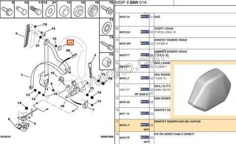 KAPAK EMNIYET KEMER VIDA PRT1 PRT2 P307 P308 P406 P50081 EXP1