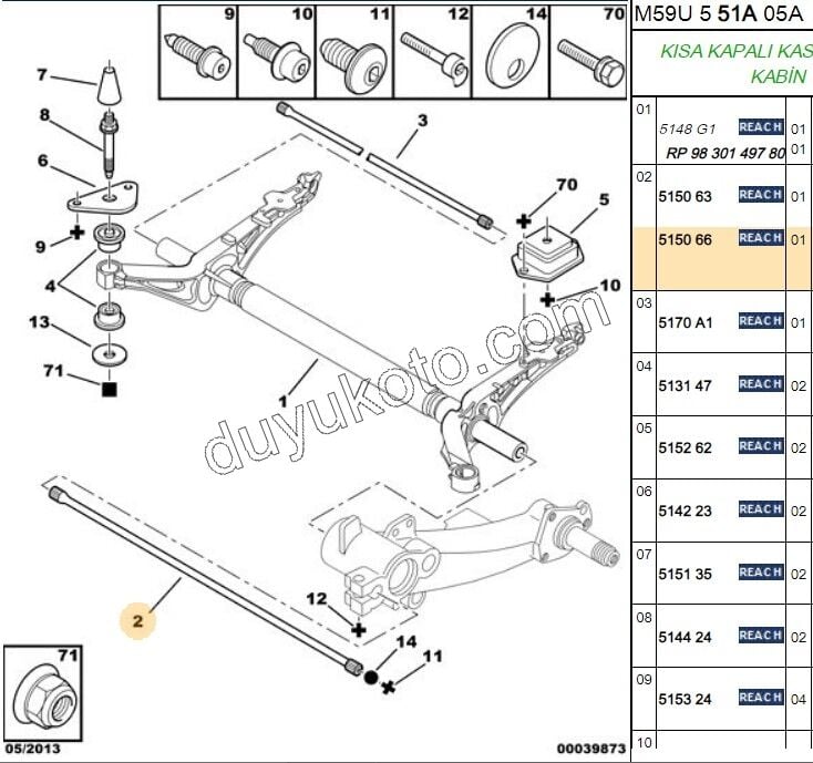 Arka Sağ Torsıyon Mili PRT1 PRT2 102.80CM