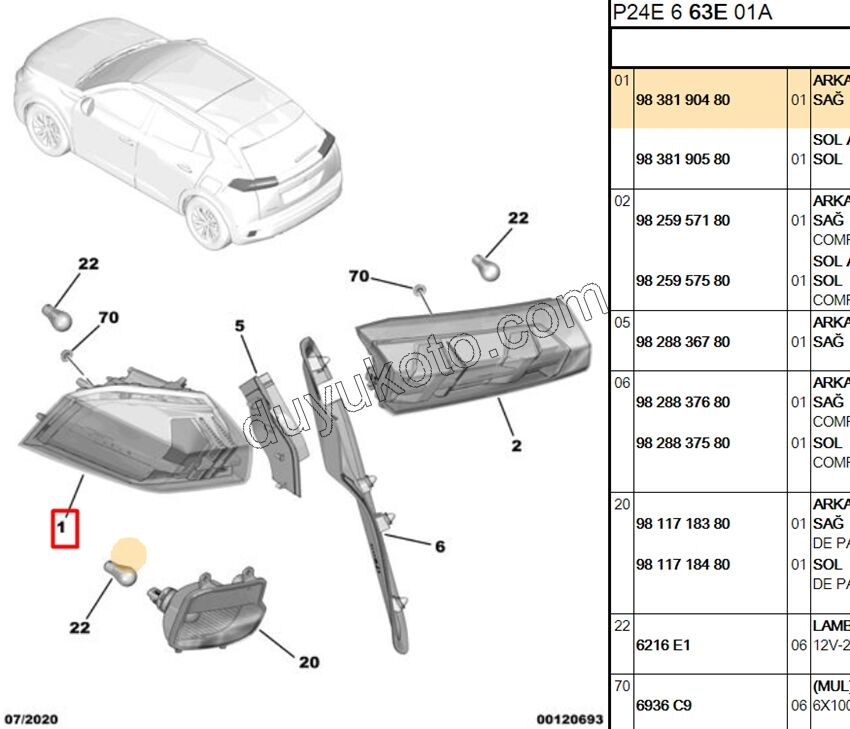 Peugeot 2008 Stop Lambası Sağ Dış (Çamurlukta) 2019/2023