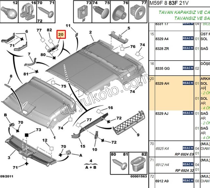 Hoparlö Sağ Kapağı Arka TAVAN Sol PRT2 GRI