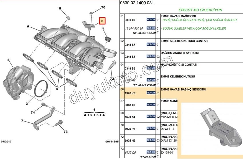 Emme Manifolt Basınç Sensörü (Map Sensörü)   1.6THP 175HP V754050880