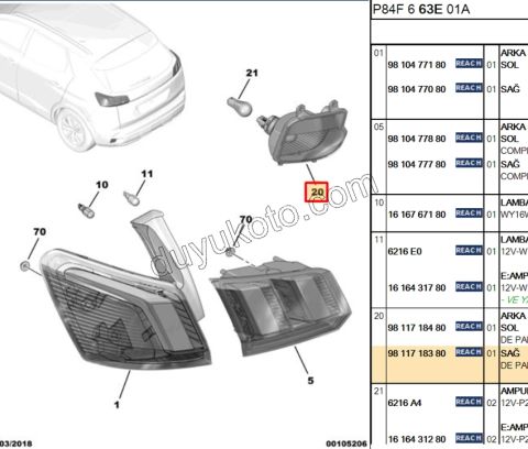 Peugeot 2008 3008 5008 Citroen C5 Aircross Sis Lambası Ara Tampon Sağ 2016/2023