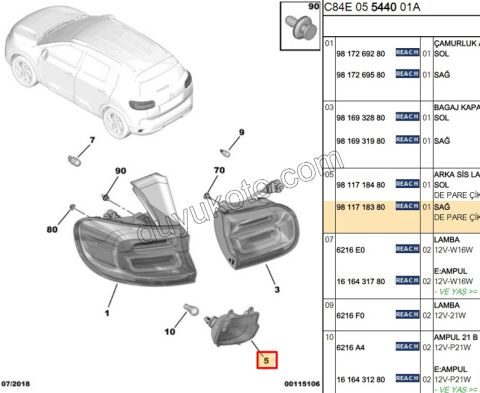 Peugeot 2008 3008 5008 Citroen C5 Aircross Sis Lambası Ara Tampon Sağ 2016/2023