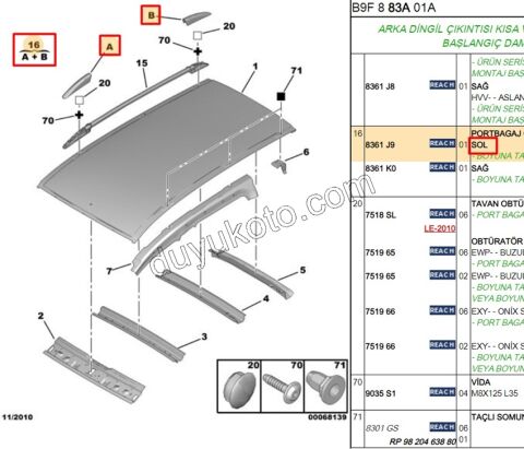 Tavan Çıtası Kapağı Sol Ön + Arka PRT3