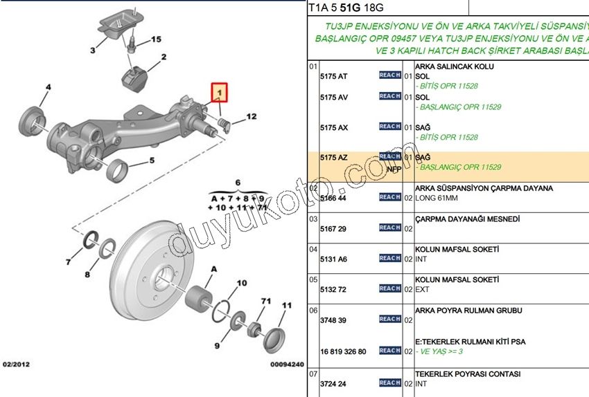 Arka Sağ Torsiyon Kolu   P206 P206SW TU3 1.4HDİ Euro4 02/11