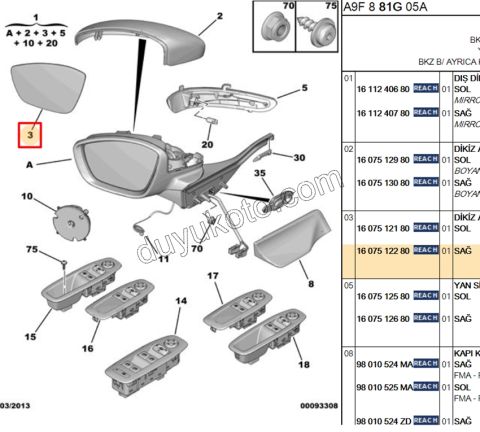 Peugeot 208 Citroen C3 Aircoss Dikiz Ayna Camı Sağ (Rezistanslı) 2019/2021