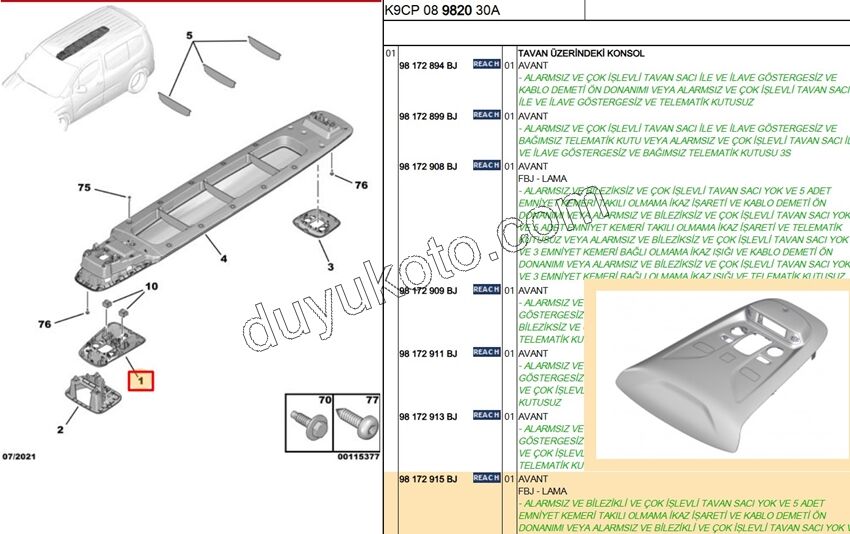 2019> Partner Rifter Berlingo Combo Doblo Proace City TAVAN LAMBA ÇERÇEVESİ ÖN GRİ