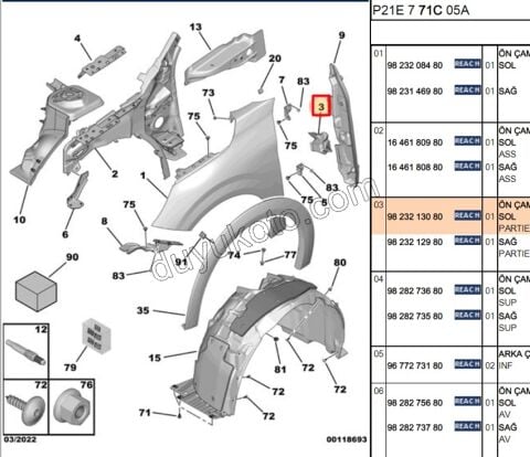 PLASTIK ON CAMURLUK ARKA TAKVIYE L P2082