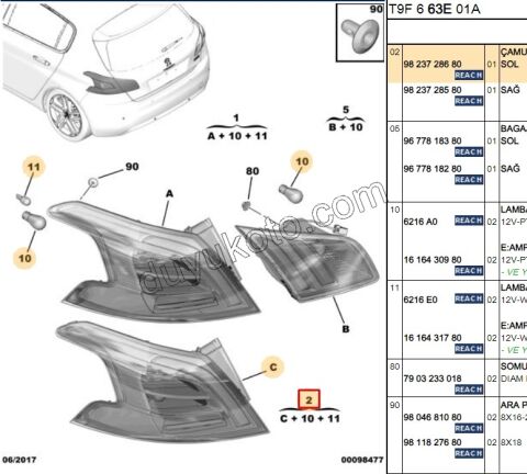 Peugeot 308 Stop Lambası Sol Dış (Çamurlukta) Füme 2017/2021