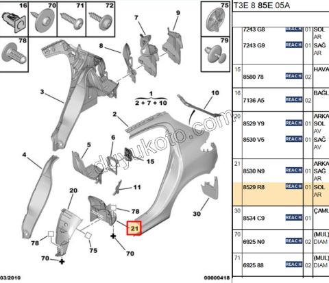 Çamurluk Davlumbazı Arka. Arka Sol P206YM P206+