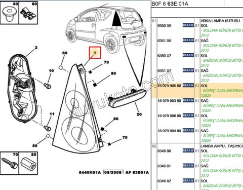 Peugeot 107 Citroen C1 Stop Lambası Sol 2012/2014