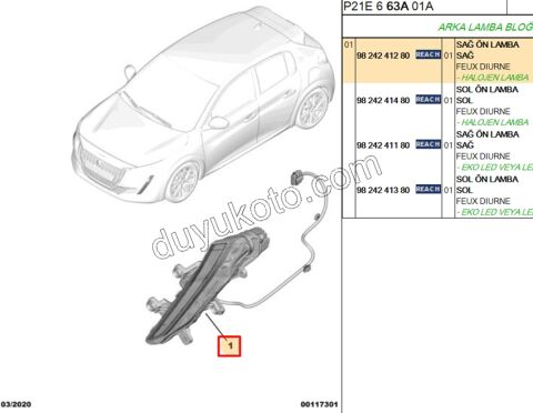 Peugeot 208 2008 Gündüz Farı Sağ 2019/2023