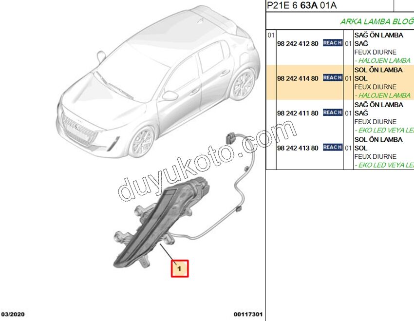 Peugeot 208 2008 Gündüz Farı Sol 2019/2023