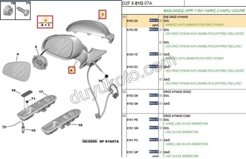 Dikiz Aynası Sol P407MQ 2009> FOLD YOK AST KAPAK+ MAVI CAM+