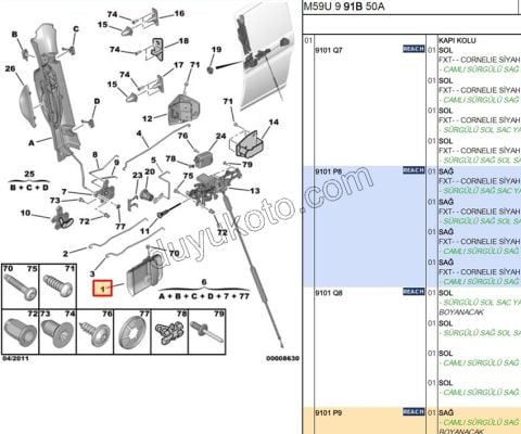 PEUGEOT CITROEN SÜRGÜLÜ KAPI DIŞ AÇMA KOLU  SAĞ  PARTNER BERLİNGO 1997/2008  9101.P8 9101P8 9101.P9 9101P9