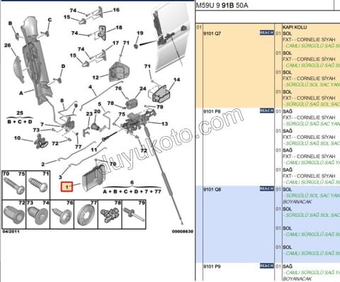 PEUGEOT CITROEN SÜRGÜLÜ KAPI DIŞ AÇMA KOLU SOL  PARTNER BERLİNGO 1997/2008  9101.Q7 9101Q7  9101.Q8 9101Q8