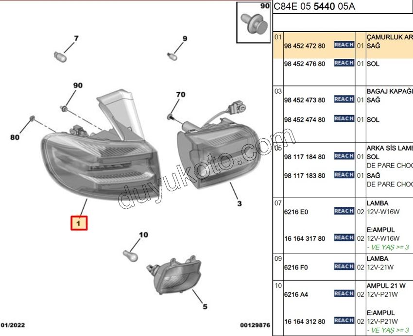 Citroen C5 Aircross Stop Lambası Sağ Dış (Çamurlukta) 2022 SONRASI