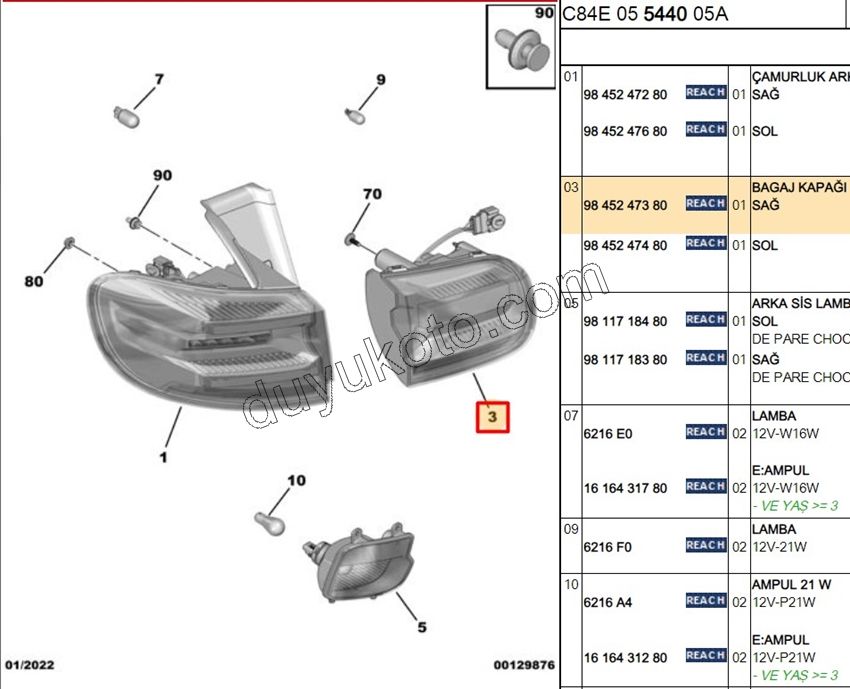 Citroen C5 Aircross Stop Lambası Sağ İç (Bagaj Kapağı) 2022 SONRASI