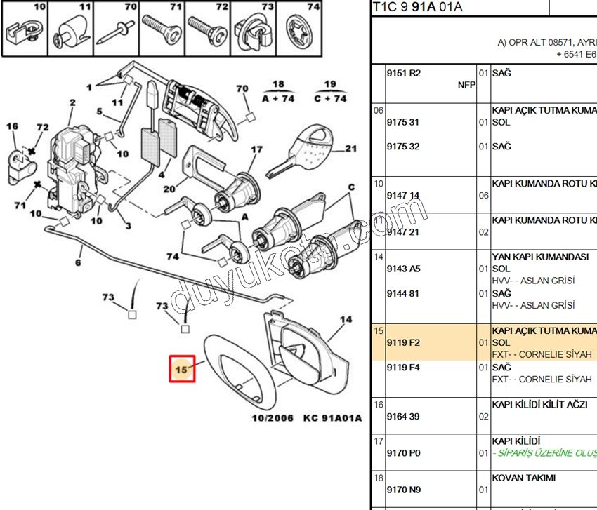 Kapı İç Açma Kolu Sol Çerçevesi P206 SIYAH