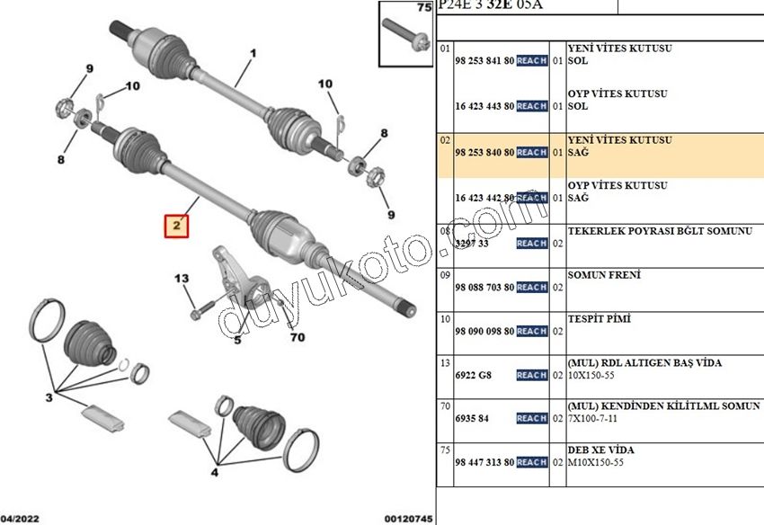 Aks Mili Sağ 1.2CC 130HP 2020 Sonrası P20082