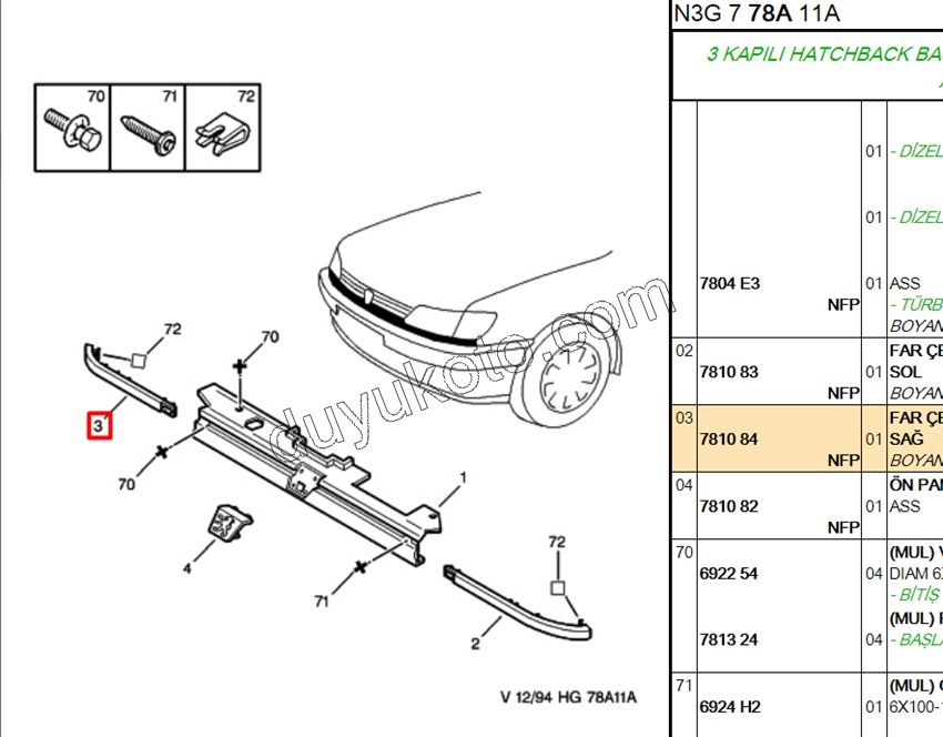 Peugeot 306 Far Sağ Altı Çıta (Far Kaşı ) 94> 1993/1997