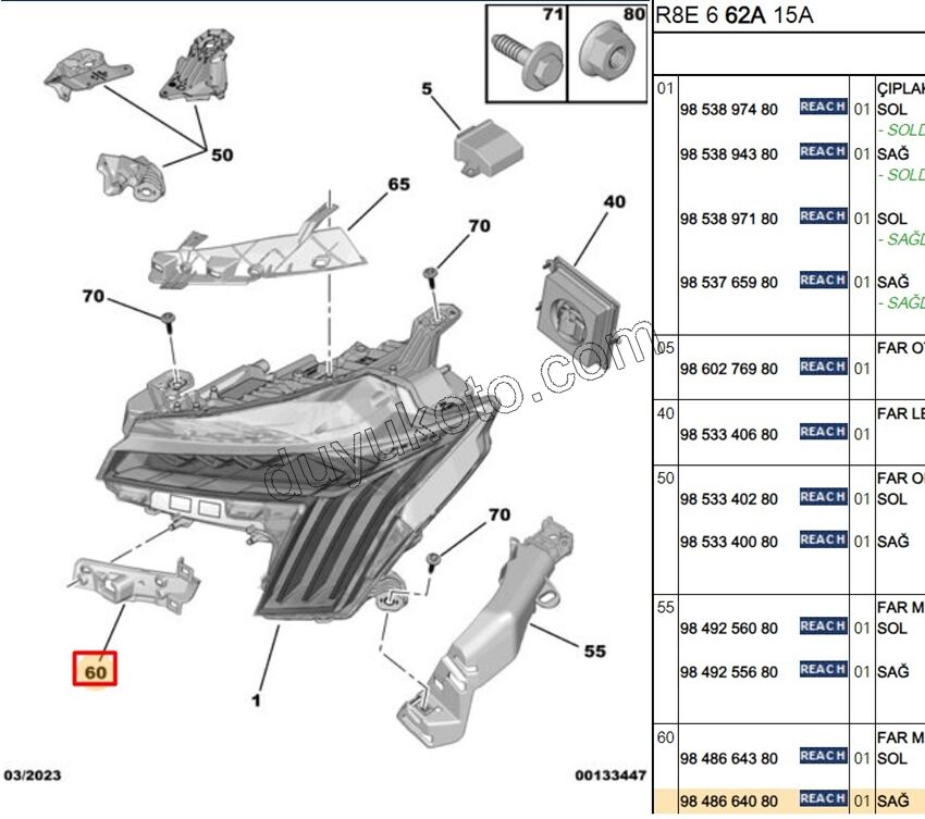 Peugeot 508 Far Bağlantı Ayağı Sağ 2023 Sonrası
