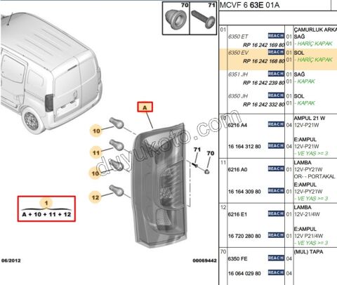 Peugeot Bipper Citroen Nemo Fiat Fiorino Stop Lambası Sol (Bagaj Kapak Çift) 2008/2016