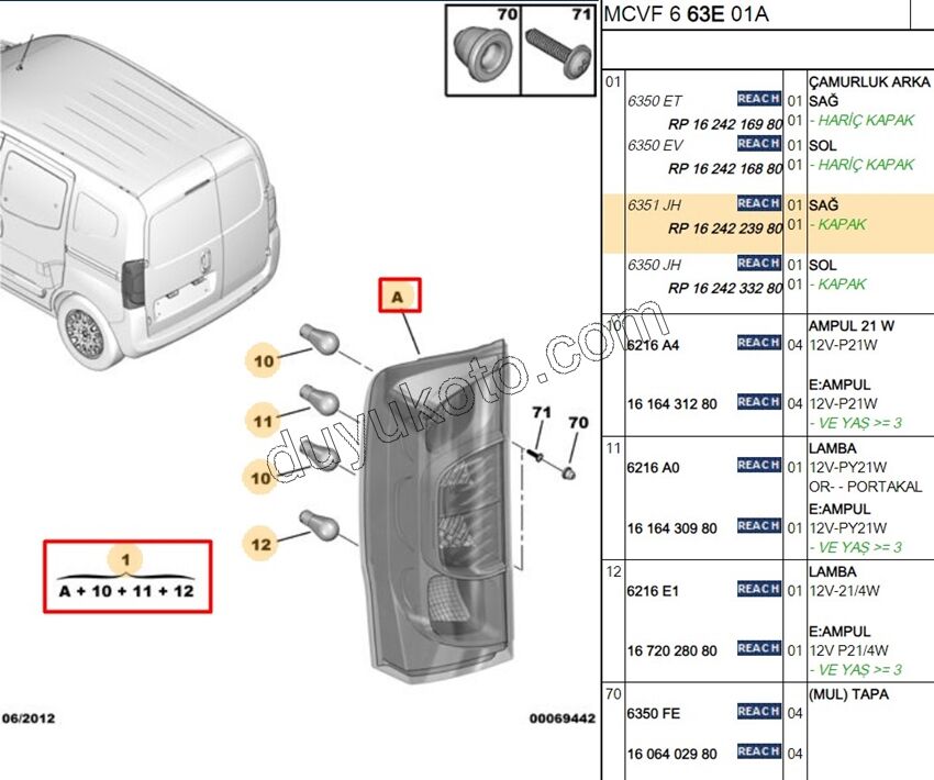 Peugeot Bipper Citroen Nemo Fiat Fiorino Stop Lambası Sağ (Bagaj Tek Kapak Yukarı Açılır) 2008/2016