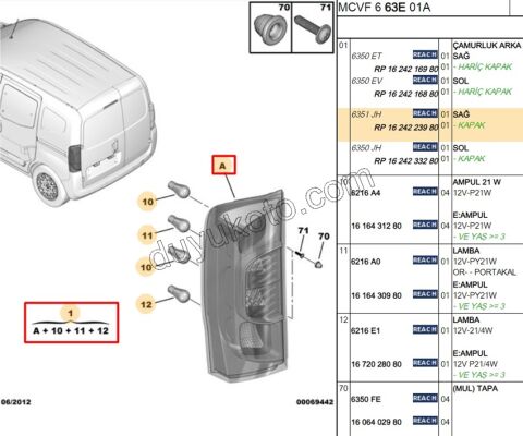 Peugeot Bipper Citroen Nemo Fiat Fiorino Stop Lambası Sağ (Bagaj Tek Kapak Yukarı Açılır) 2008/2016