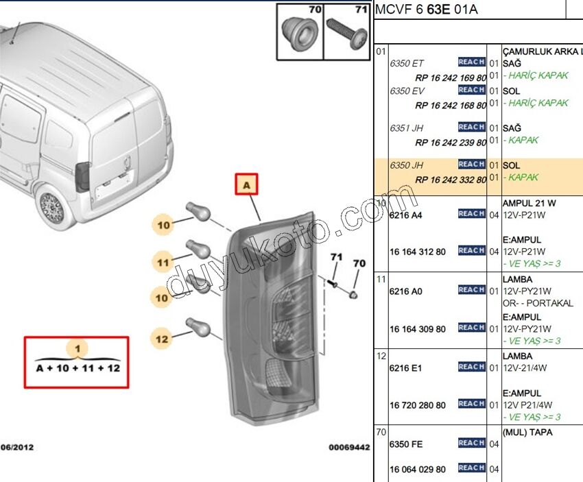 Peugeot Bipper Citroen Nemo Fiat Fiorino Stop Lambası Sol (Bagaj Tek Kapak Yukarı Açılır) 2008/2016