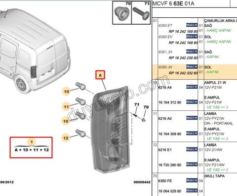 Peugeot Bipper Citroen Nemo Fiat Fiorino Stop Lambası Sol (Bagaj Tek Kapak Yukarı Açılır) 2008/2016