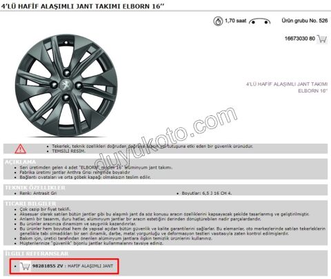 JANT CELIK 16INC KIT P2082 P20082 ELBORN 6.5J16H4-32 TEK