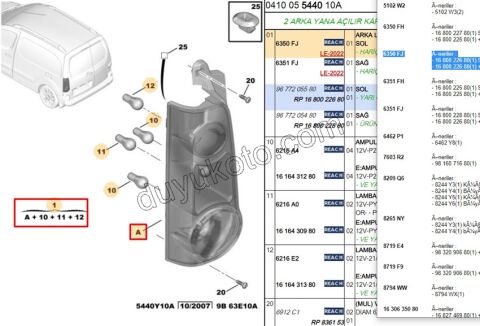 Peugeot Partner Stop Lambası Sol (Bagaj Kapak Çift) 2008/2012