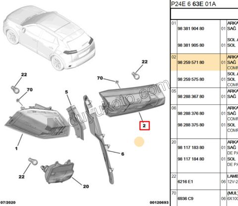 Peugeot 2008 Stop Lambası Sağ İç (Bagaj Kapağı) 2019/2023
