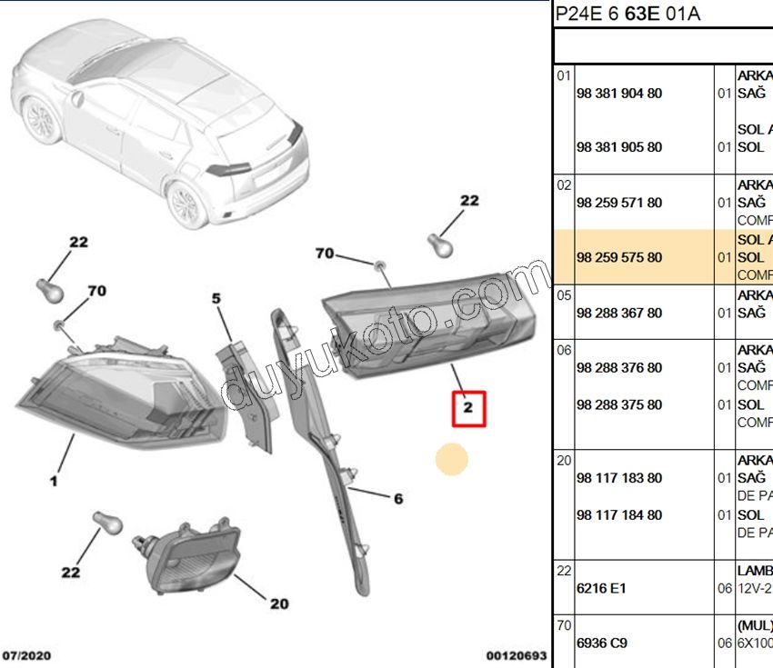 Peugeot 2008 Stop Lambası Sol İç (Bagaj Kapağı) 2019/2023