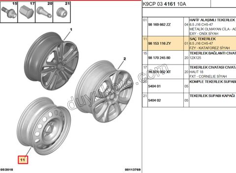2019> Partner Rifter Berlingo Combo Doblo Proace City Sac Jant 16 INC 6.5 J16 CH5-47 5 Bijon SIYAH