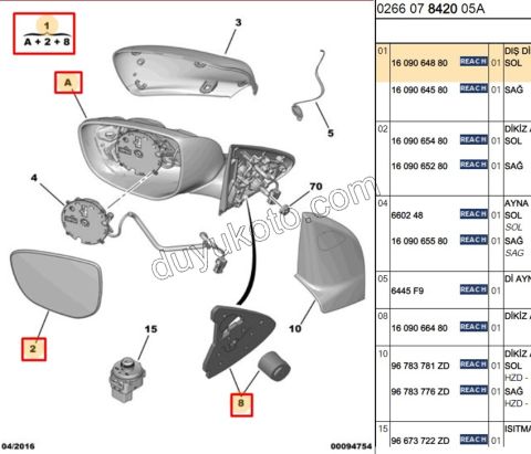 Peugeot 301 Dikiz Aynası Sol ELEK+ Kapaksız 2012/2016