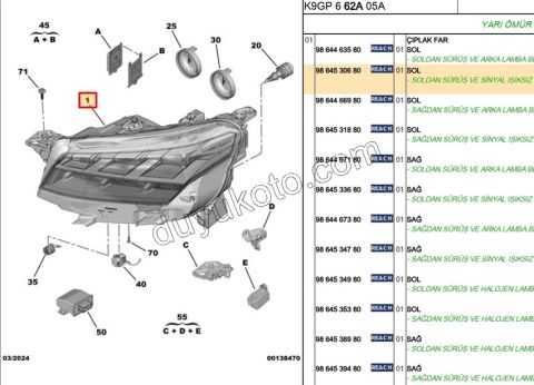 Peugeot Partner Citroen Berlingo Fiat Doblo Oepl Combo Fiyat Doblo Far Sol 3LED LAMBA YOK 2024 Sonrası