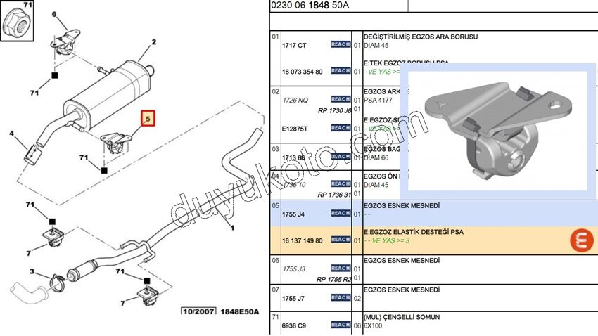 LASTIK ARKA EGZOZ ARKA ASKI P207 1.4HDİ Euro4 02/11 1.6VTi 120HP YAMUK AYAKLI