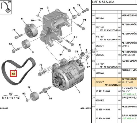 Alternatör V kayışı 6PK1468 PRT2 Klimasız DW10 8V LTR5750T5