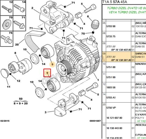 Tek Alternatör Gergi Rulmanı Klimasız 1.4HDİ Euro4 02/11 P206