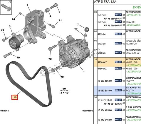 Alternatör V kayışı 6PK1049 ET3J4 1.6İ 16V Benzinli P207 P307