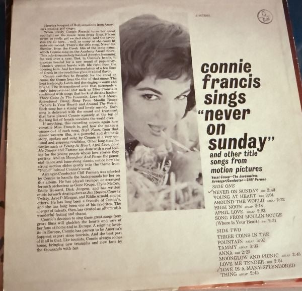 CONNIE FRANCIS - SINGS NEVER ON SUNDAY - LP