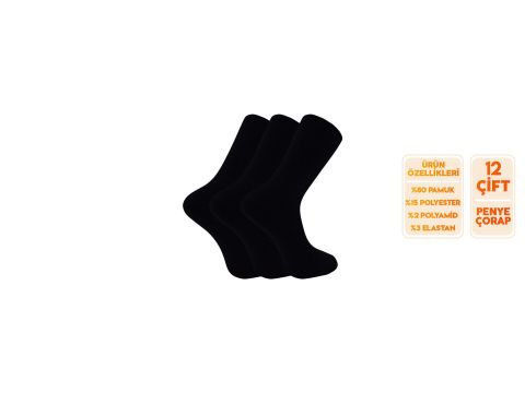 Şirin 7150-Düz Siyah Dört Mevsim Ter Emici Erkek Penye Soket Çorap 12'li