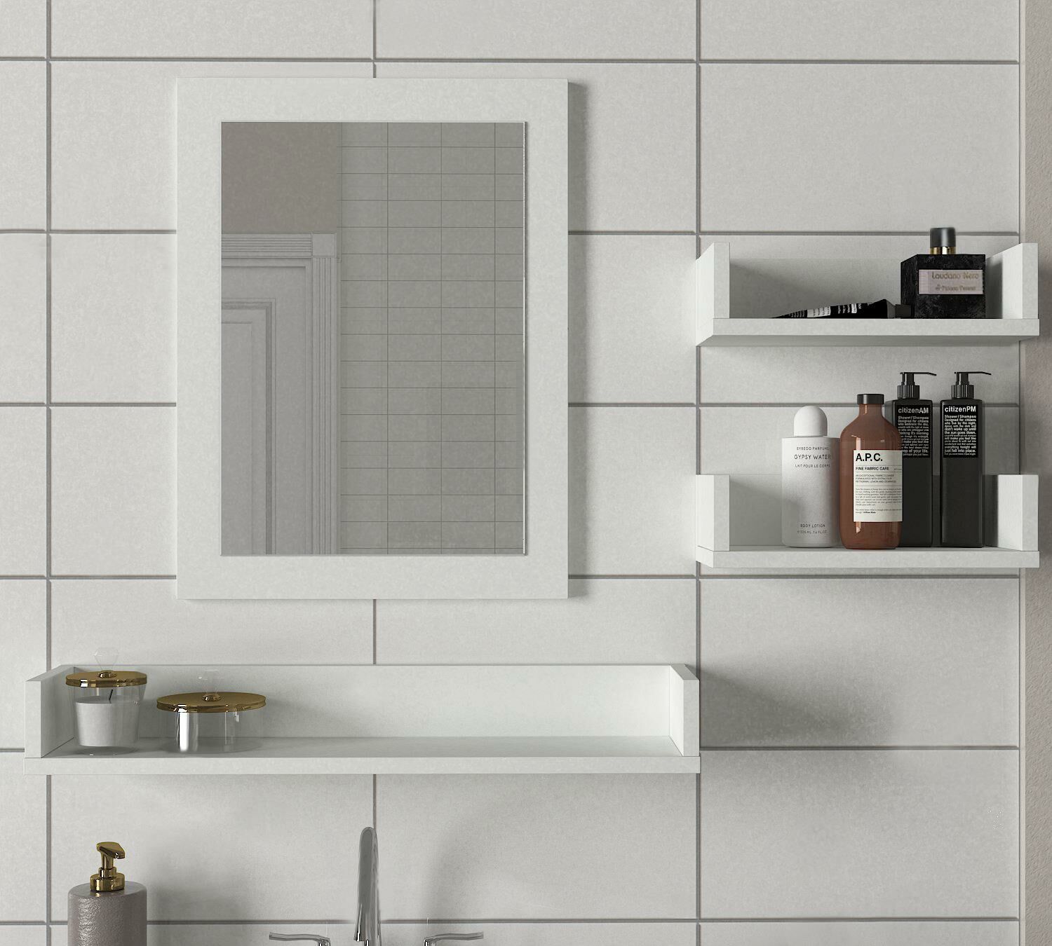 Dekorister Simon Banyo Üst Dolabı Aynalı Etajer Beyaz