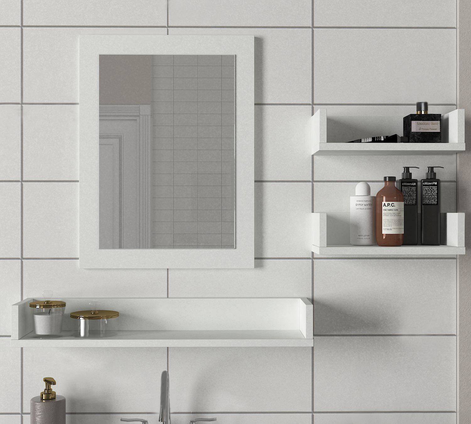 Dekorister Simon Banyo Üst Dolabı Aynalı Etajer Beyaz