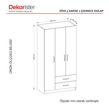 Dekorister Diva 3 Kapaklı 2 Çekmeceli Gardrop BEYAZ